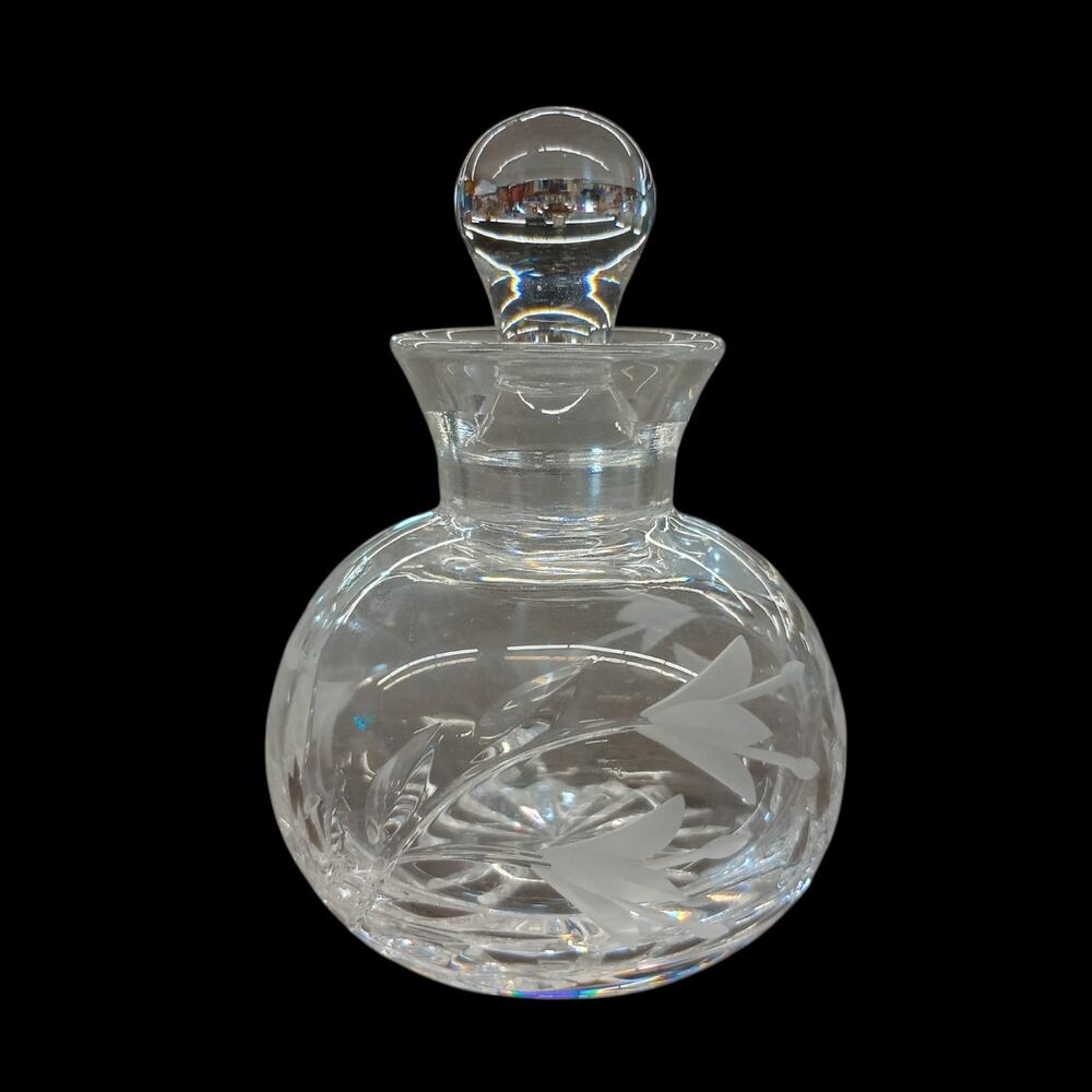 Vintage Stuart Lead Crystal Perfume Bottle Cascade Floral and Leaf Cut w Stopper